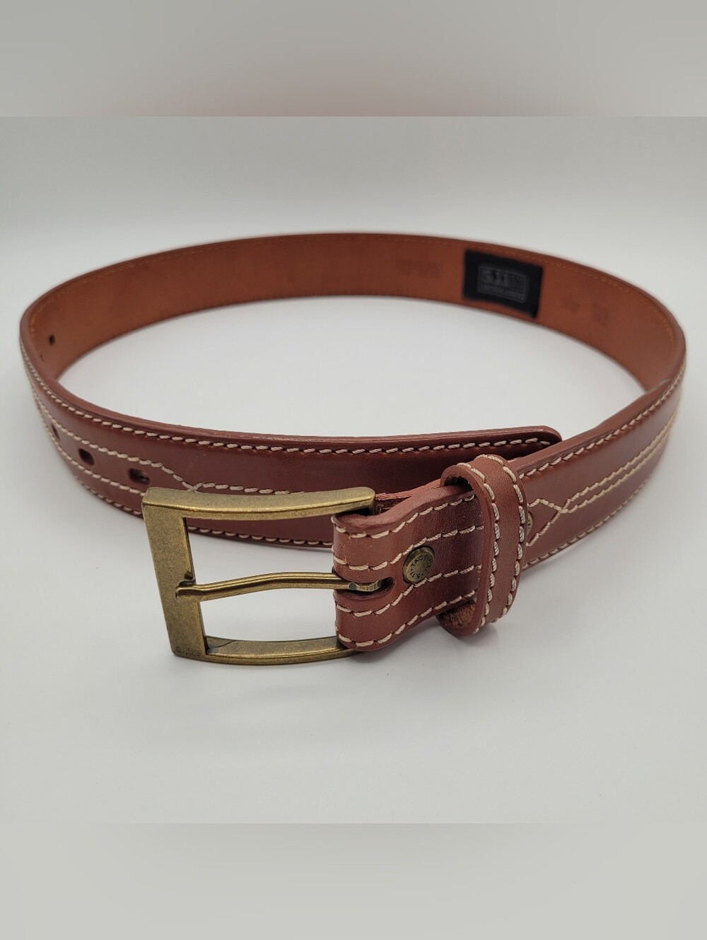 5.11 Contrast Stitched Heavy Tactical BROWN Leather Belt Brass Men's S 28-30